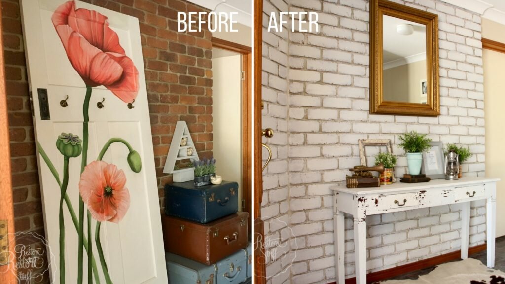 Milk Painted Brick Wall Before and After